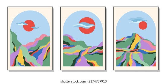 Set of three abstract art posters. Nature and sunset. Hand drawn various shapes and lines. Modern trendy vector illustration. Each background is isolated.
