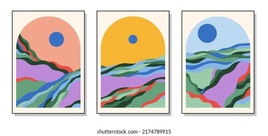 Set of three abstract art posters. Nature and sunset. Hand drawn various shapes and lines. Modern trendy vector illustration. Each background is isolated.