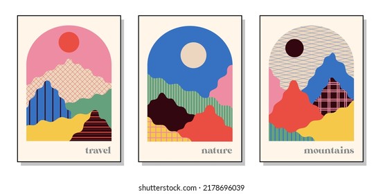 Set of three abstract art posters. Nature and sunset. Hand drawn various shapes and lines. Modern trendy vector illustration. Each background is isolated.