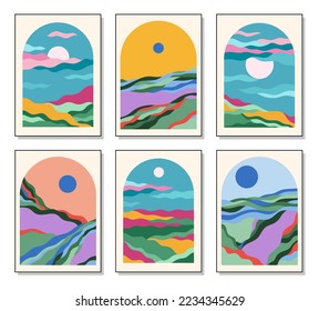 Conjunto de tres afiches de arte abstracto. Naturaleza y puesta de sol. La mano dibujó varias formas y líneas. Ilustración vectorial moderna. Cada fondo está aislado.