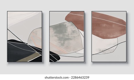 Un conjunto de tres ilustraciones vectoriales de arte abstracto. Ilustración vectorial de mano minimalista creativa, diseño vectorial para la decoración de paredes, papel pintado, afiche, tarjeta, mural, alfombra, colgante, impresión