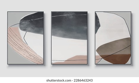A set of three abstract art vector illustrations. Creative minimalist hand drawn vector illustration, vector design for wall decor, wallpaper, poster, card, mural, carpet, hanging, print
