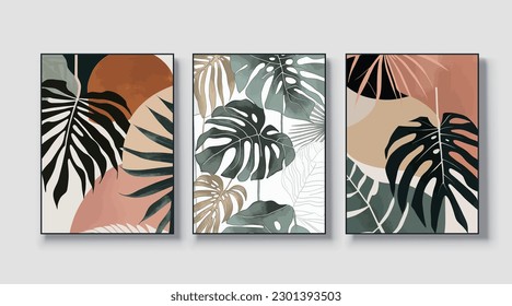 A set of three abstract art vector illustrations. Creative minimalist hand drawn vector illustration, vector design for wall decor, wallpaper, poster, card, mural, carpet, hanging, print