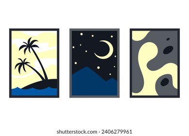 A set of three abstract art vector illustrations. Creative minimalist hand drawn vector illustration, vector design for wall decor, wallpaper, poster, card, mural, carpet, hanging, print