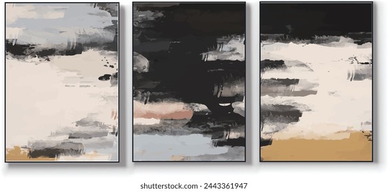 A set of three abstract art vector illustrations. Creative minimalist hand drawn vector illustration, vector design for wall decor, wallpaper, poster, card, mural, carpet, hanging, print