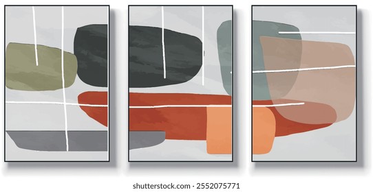 Um conjunto de três ilustrações de vetor de arte abstrata. Ilustração vetorial desenhada à mão minimalista criativa, design vetorial para decoração de parede, papel de parede, pôster, cartão, mural, tapete, suspensão, imprimir