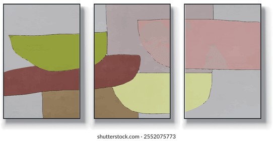 Um conjunto de três ilustrações de vetor de arte abstrata. Ilustração vetorial desenhada à mão minimalista criativa, design vetorial para decoração de parede, papel de parede, pôster, cartão, mural, tapete, suspensão, imprimir