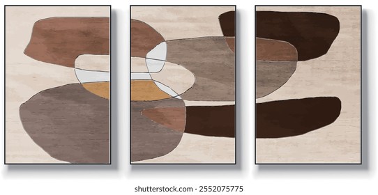 Um conjunto de três ilustrações de vetor de arte abstrata. Ilustração vetorial desenhada à mão minimalista criativa, design vetorial para decoração de parede, papel de parede, pôster, cartão, mural, tapete, suspensão, imprimir