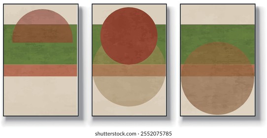 Um conjunto de três ilustrações de vetor de arte abstrata. Ilustração vetorial desenhada à mão minimalista criativa, design vetorial para decoração de parede, papel de parede, pôster, cartão, mural, tapete, suspensão, imprimir