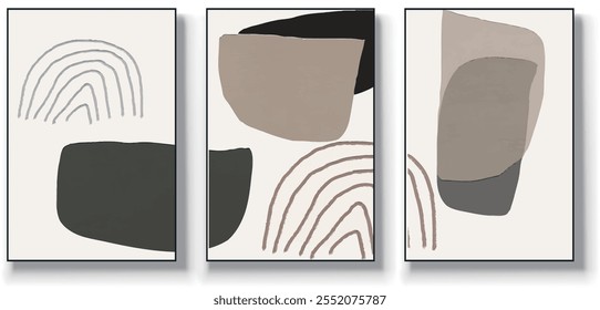 Um conjunto de três ilustrações de vetor de arte abstrata. Ilustração vetorial desenhada à mão minimalista criativa, design vetorial para decoração de parede, papel de parede, pôster, cartão, mural, tapete, suspensão, imprimir