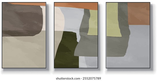 Um conjunto de três ilustrações de vetor de arte abstrata. Ilustração vetorial desenhada à mão minimalista criativa, design vetorial para decoração de parede, papel de parede, pôster, cartão, mural, tapete, suspensão, imprimir