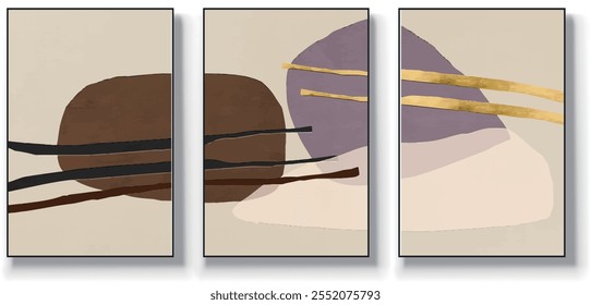 Um conjunto de três ilustrações de vetor de arte abstrata. Ilustração vetorial desenhada à mão minimalista criativa, design vetorial para decoração de parede, papel de parede, pôster, cartão, mural, tapete, suspensão, imprimir