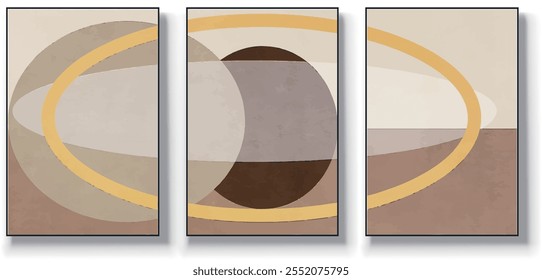 Um conjunto de três ilustrações de vetor de arte abstrata. Ilustração vetorial desenhada à mão minimalista criativa, design vetorial para decoração de parede, papel de parede, pôster, cartão, mural, tapete, suspensão, imprimir