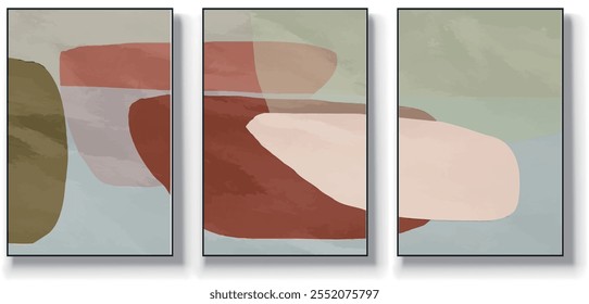 Um conjunto de três ilustrações de vetor de arte abstrata. Ilustração vetorial desenhada à mão minimalista criativa, design vetorial para decoração de parede, papel de parede, pôster, cartão, mural, tapete, suspensão, imprimir