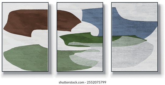 Um conjunto de três ilustrações de vetor de arte abstrata. Ilustração vetorial desenhada à mão minimalista criativa, design vetorial para decoração de parede, papel de parede, pôster, cartão, mural, tapete, suspensão, imprimir