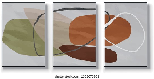 Um conjunto de três ilustrações de vetor de arte abstrata. Ilustração vetorial desenhada à mão minimalista criativa, design vetorial para decoração de parede, papel de parede, pôster, cartão, mural, tapete, suspensão, imprimir