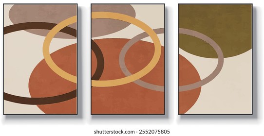 Um conjunto de três ilustrações de vetor de arte abstrata. Ilustração vetorial desenhada à mão minimalista criativa, design vetorial para decoração de parede, papel de parede, pôster, cartão, mural, tapete, suspensão, imprimir