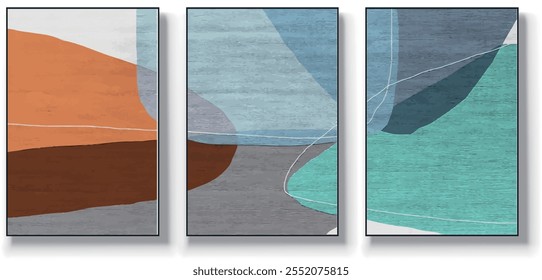 Um conjunto de três ilustrações de vetor de arte abstrata. Ilustração vetorial desenhada à mão minimalista criativa, design vetorial para decoração de parede, papel de parede, pôster, cartão, mural, tapete, suspensão, imprimir