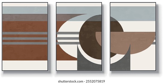 Um conjunto de três ilustrações de vetor de arte abstrata. Ilustração vetorial desenhada à mão minimalista criativa, design vetorial para decoração de parede, papel de parede, pôster, cartão, mural, tapete, suspensão, imprimir