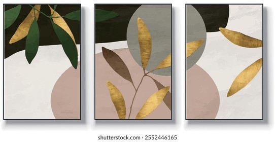 Um conjunto de três ilustrações de vetor de arte abstrata. Ilustração vetorial desenhada à mão minimalista criativa, design vetorial para decoração de parede, papel de parede, pôster, cartão, mural, tapete, suspensão, imprimir