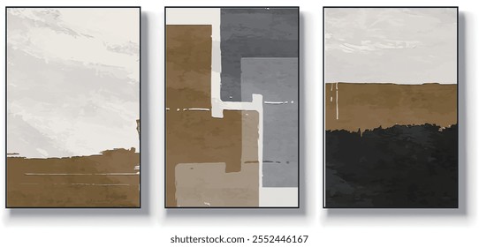 Um conjunto de três ilustrações de vetor de arte abstrata. Ilustração vetorial desenhada à mão minimalista criativa, design vetorial para decoração de parede, papel de parede, pôster, cartão, mural, tapete, suspensão, imprimir