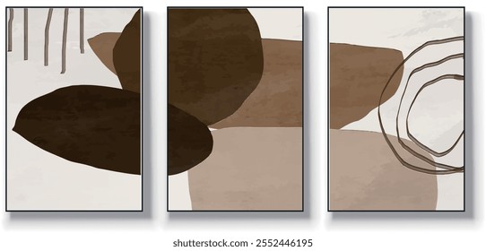 Um conjunto de três ilustrações de vetor de arte abstrata. Ilustração vetorial desenhada à mão minimalista criativa, design vetorial para decoração de parede, papel de parede, pôster, cartão, mural, tapete, suspensão, imprimir