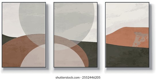 Um conjunto de três ilustrações de vetor de arte abstrata. Ilustração vetorial desenhada à mão minimalista criativa, design vetorial para decoração de parede, papel de parede, pôster, cartão, mural, tapete, suspensão, imprimir