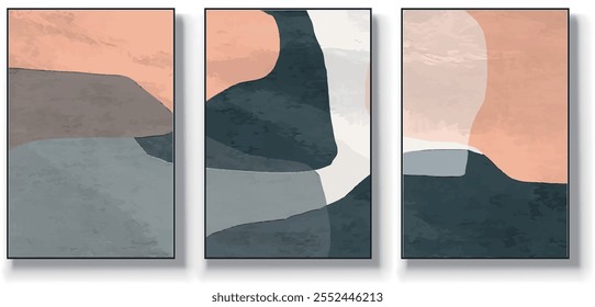 Um conjunto de três ilustrações de vetor de arte abstrata. Ilustração vetorial desenhada à mão minimalista criativa, design vetorial para decoração de parede, papel de parede, pôster, cartão, mural, tapete, suspensão, imprimir