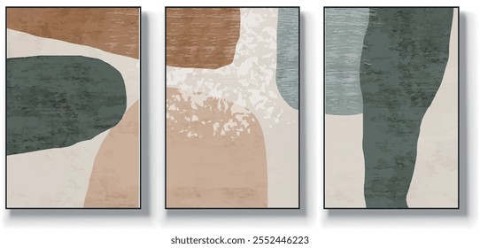 Um conjunto de três ilustrações de vetor de arte abstrata. Ilustração vetorial desenhada à mão minimalista criativa, design vetorial para decoração de parede, papel de parede, pôster, cartão, mural, tapete, suspensão, imprimir