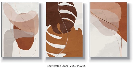 Um conjunto de três ilustrações de vetor de arte abstrata. Ilustração vetorial desenhada à mão minimalista criativa, design vetorial para decoração de parede, papel de parede, pôster, cartão, mural, tapete, suspensão, imprimir