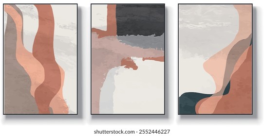 Um conjunto de três ilustrações de vetor de arte abstrata. Ilustração vetorial desenhada à mão minimalista criativa, design vetorial para decoração de parede, papel de parede, pôster, cartão, mural, tapete, suspensão, imprimir