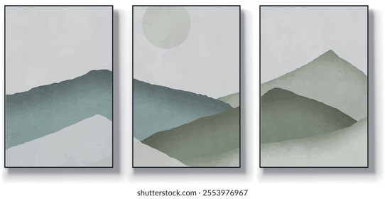 A set of three abstract art vector illustrations. Creative minimalist hand drawn vector illustration, vector design for wall decor, wallpaper, poster, card, mural, carpet, hanging, print