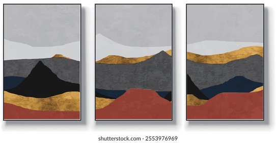 A set of three abstract art vector illustrations. Creative minimalist hand drawn vector illustration, vector design for wall decor, wallpaper, poster, card, mural, carpet, hanging, print