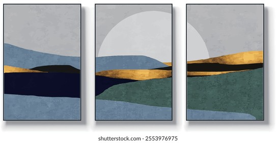 A set of three abstract art vector illustrations. Creative minimalist hand drawn vector illustration, vector design for wall decor, wallpaper, poster, card, mural, carpet, hanging, print