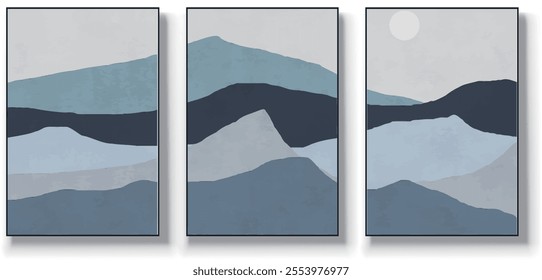 A set of three abstract art vector illustrations. Creative minimalist hand drawn vector illustration, vector design for wall decor, wallpaper, poster, card, mural, carpet, hanging, print