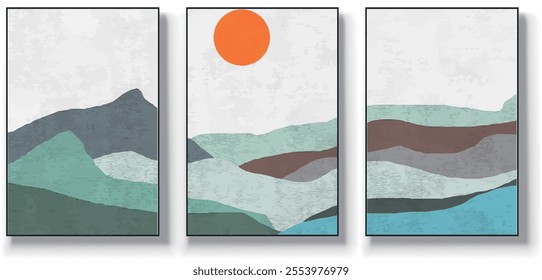 A set of three abstract art vector illustrations. Creative minimalist hand drawn vector illustration, vector design for wall decor, wallpaper, poster, card, mural, carpet, hanging, print