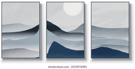 A set of three abstract art vector illustrations. Creative minimalist hand drawn vector illustration, vector design for wall decor, wallpaper, poster, card, mural, carpet, hanging, print