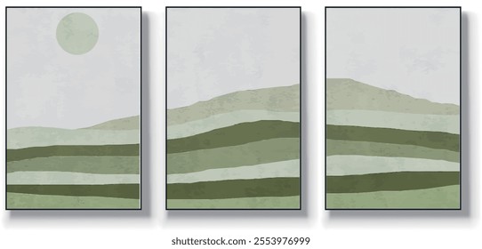 A set of three abstract art vector illustrations. Creative minimalist hand drawn vector illustration, vector design for wall decor, wallpaper, poster, card, mural, carpet, hanging, print