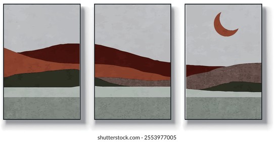 A set of three abstract art vector illustrations. Creative minimalist hand drawn vector illustration, vector design for wall decor, wallpaper, poster, card, mural, carpet, hanging, print