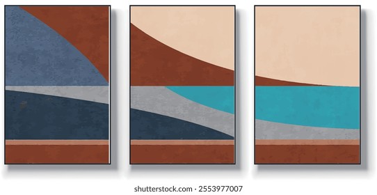 A set of three abstract art vector illustrations. Creative minimalist hand drawn vector illustration, vector design for wall decor, wallpaper, poster, card, mural, carpet, hanging, print