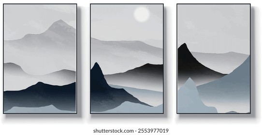 A set of three abstract art vector illustrations. Creative minimalist hand drawn vector illustration, vector design for wall decor, wallpaper, poster, card, mural, carpet, hanging, print