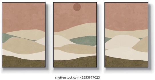 A set of three abstract art vector illustrations. Creative minimalist hand drawn vector illustration, vector design for wall decor, wallpaper, poster, card, mural, carpet, hanging, print