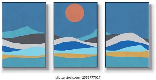 A set of three abstract art vector illustrations. Creative minimalist hand drawn vector illustration, vector design for wall decor, wallpaper, poster, card, mural, carpet, hanging, print