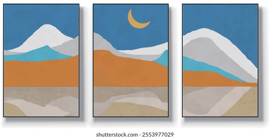 A set of three abstract art vector illustrations. Creative minimalist hand drawn vector illustration, vector design for wall decor, wallpaper, poster, card, mural, carpet, hanging, print