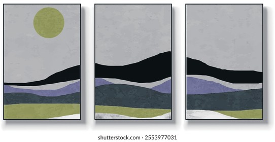 A set of three abstract art vector illustrations. Creative minimalist hand drawn vector illustration, vector design for wall decor, wallpaper, poster, card, mural, carpet, hanging, print