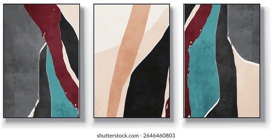 A set of three abstract art vector illustrations. Creative minimalist hand drawn vector illustrations, vector design for wall decoration, wallpaper, posters, cards, murals, carpets, hangings, prints