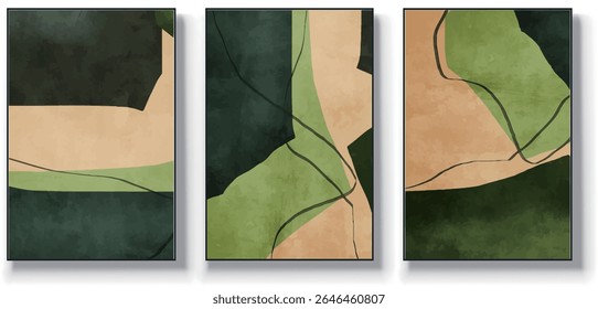 A set of three abstract art vector illustrations. Creative minimalist hand drawn vector illustrations, vector design for wall decoration, wallpaper, posters, cards, murals, carpets, hangings, prints