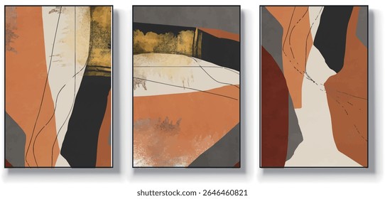 A set of three abstract art vector illustrations. Creative minimalist hand drawn vector illustrations, vector design for wall decoration, wallpaper, posters, cards, murals, carpets, hangings, prints