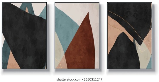 A set of three abstract art vector illustrations. Creative minimalist hand drawn vector illustration, vector design for wall decor, wallpaper, poster, card, mural, carpet, hanging, print