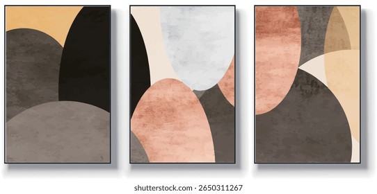 Um conjunto de três ilustrações de vetor de arte abstrata. Ilustração vetorial desenhada à mão minimalista criativa, design vetorial para decoração de parede, papel de parede, pôster, cartão, mural, tapete, suspensão, imprimir
